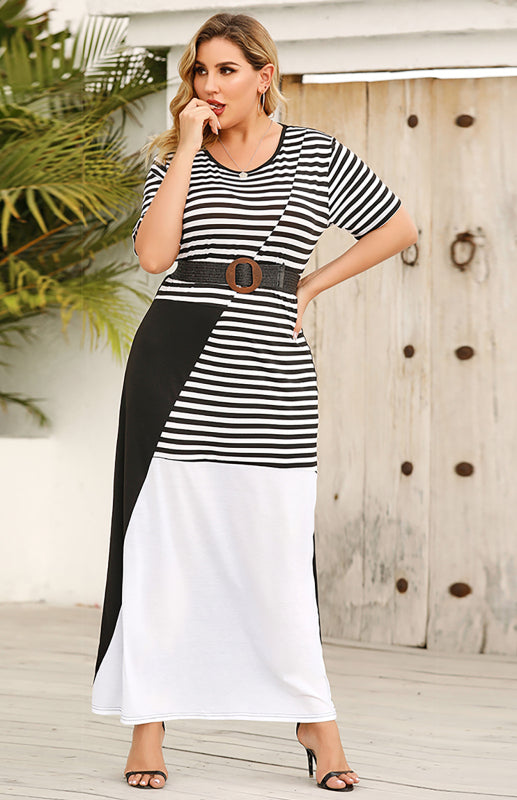 Women's Crew Neck Striped Colorblock Dress