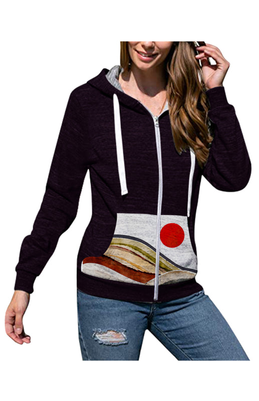 Ladies Casual Fashion Printed Hooded Cardigan Sweatshirt