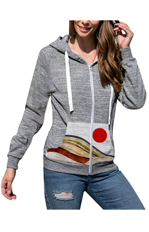 Ladies Casual Fashion Printed Hooded Cardigan Sweatshirt