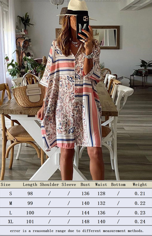 Women's Polo Dress With Loose Geometric Pattern Collar And Three-Quarter Sleeves