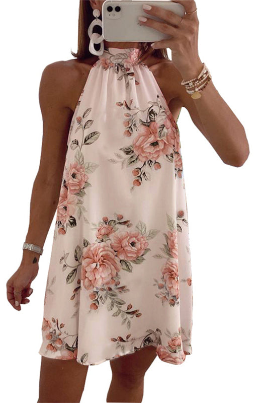 Women's Summer Flowers Strap Hanging Neck Collar Dress