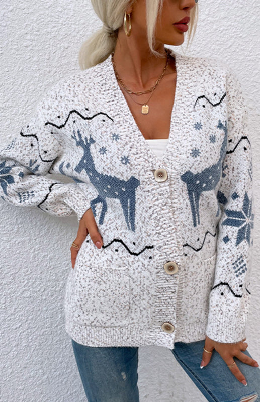 Autumn And Winter Sweaters Single-Breasted Santa Deer Cardigan Sweater Woman