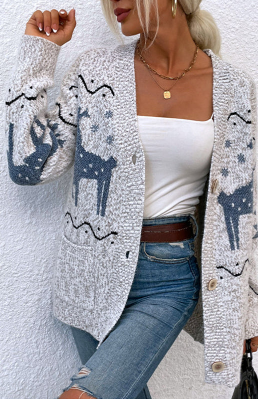 Autumn And Winter Sweaters Single-Breasted Santa Deer Cardigan Sweater Woman
