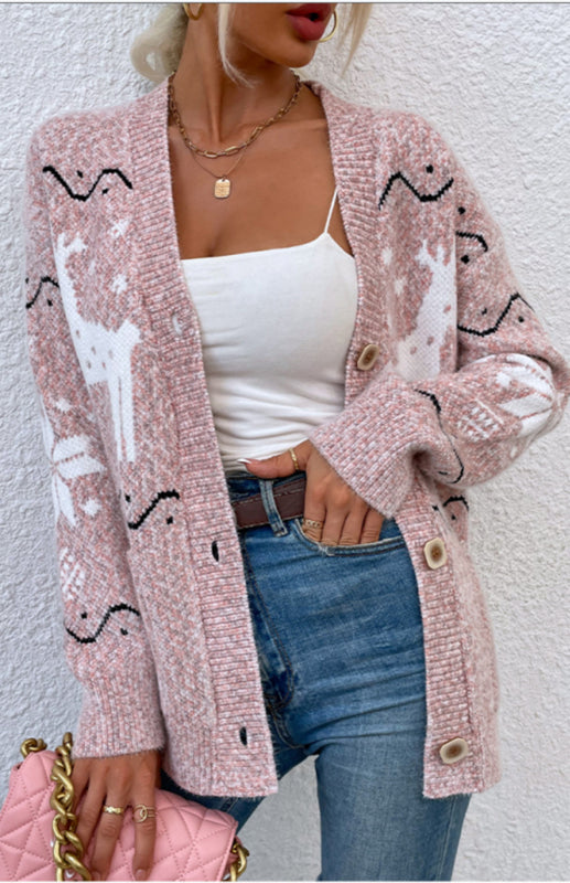 Autumn And Winter Sweaters Single-Breasted Santa Deer Cardigan Sweater Woman