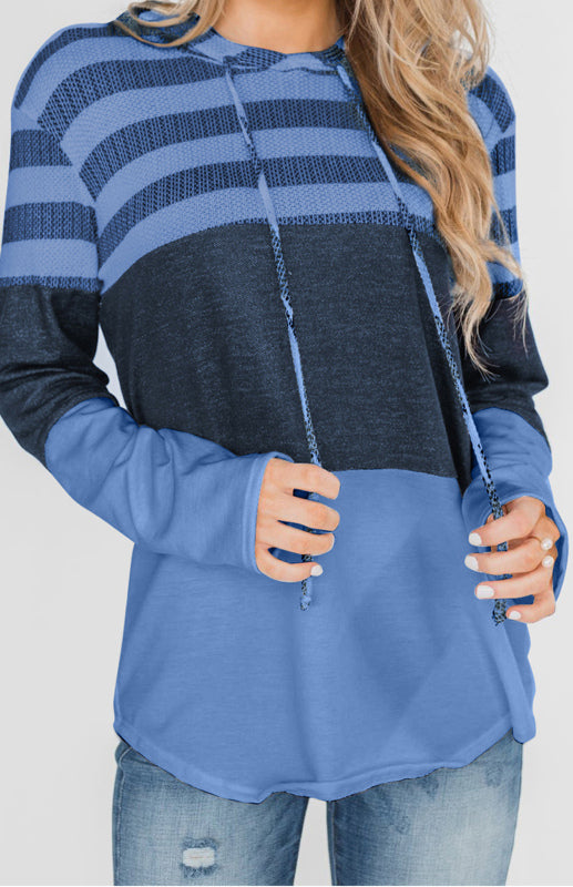 Women's Loose Striped Contrast Long Sleeve Pullover Hoodie