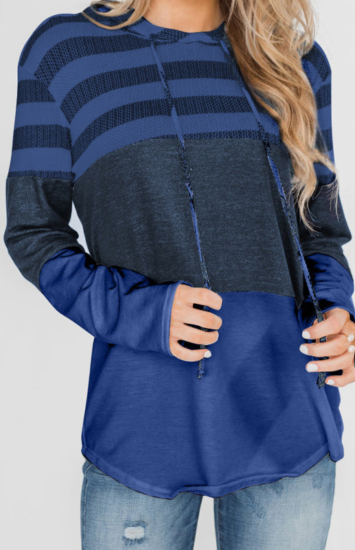 Women's Loose Striped Contrast Long Sleeve Pullover Hoodie