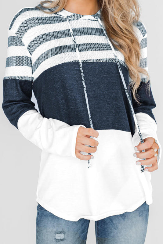 Women's Loose Striped Contrast Long Sleeve Pullover Hoodie