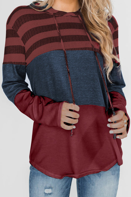 Women's Loose Striped Contrast Long Sleeve Pullover Hoodie