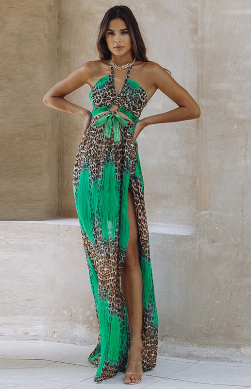 Leopard Print Open Back Chiffon Big Bohemian Long Dress