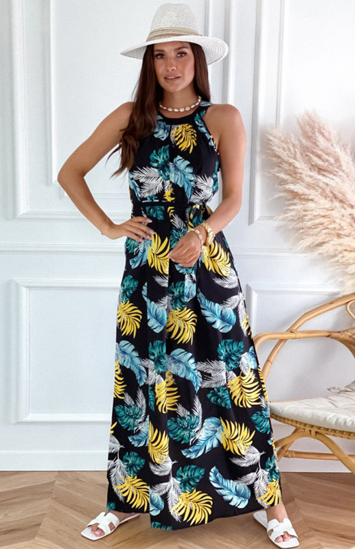Women's Vintage Halterneck Print Beach Dress