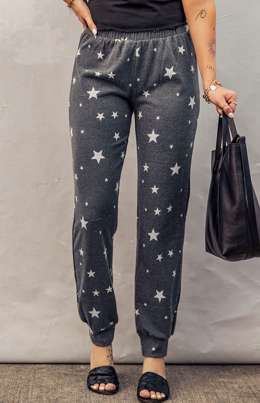 Gray Star Print Elastic Waist Joggers