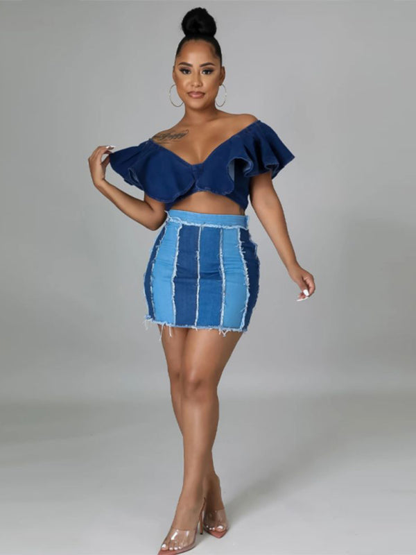 Pleated Denim Skirt - High Waist Patchwork Washed