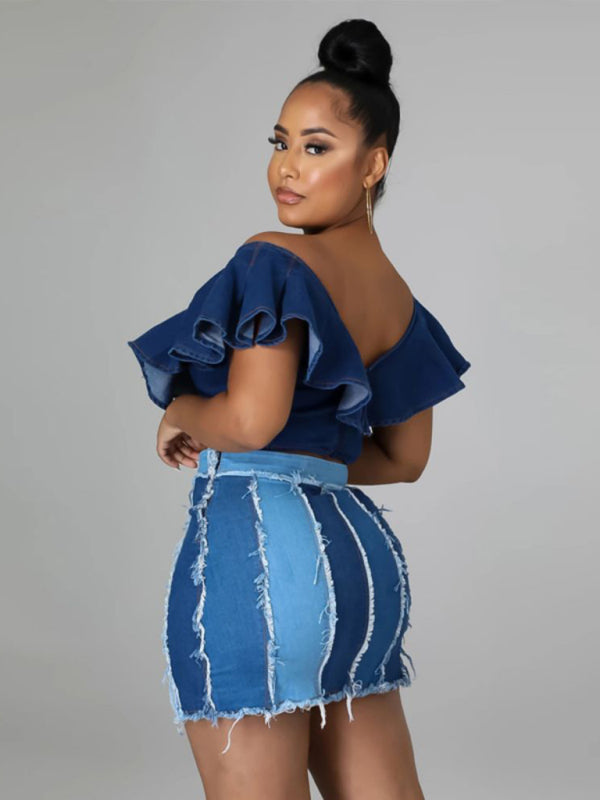Pleated Denim Skirt - High Waist Patchwork Washed