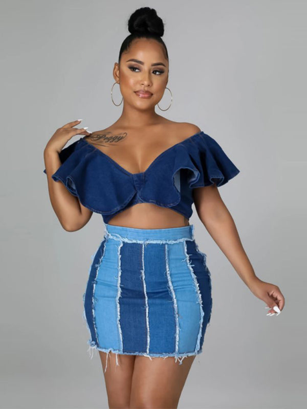 Pleated Denim Skirt - High Waist Patchwork Washed