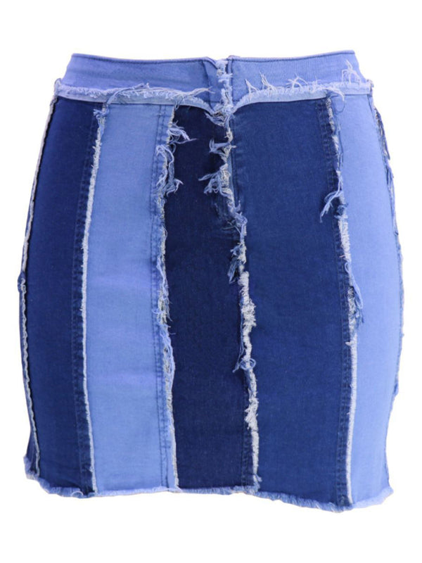 Pleated Denim Skirt - High Waist Patchwork Washed