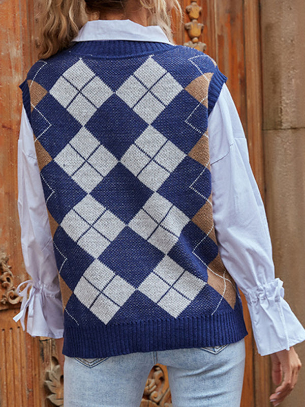 women's warm outer wear diamond v neck sweater vest vest