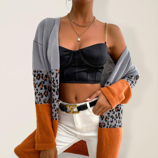 Cardigan Sweater - Leopard Contrast Long Sleeve