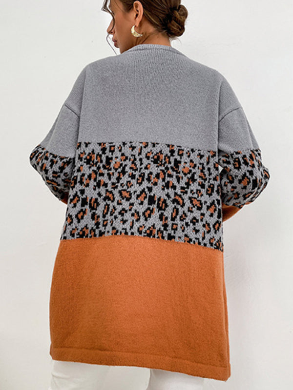 Cardigan Sweater - Leopard Contrast Long Sleeve
