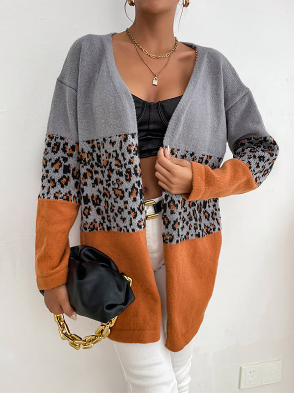 Cardigan Sweater - Leopard Contrast Long Sleeve