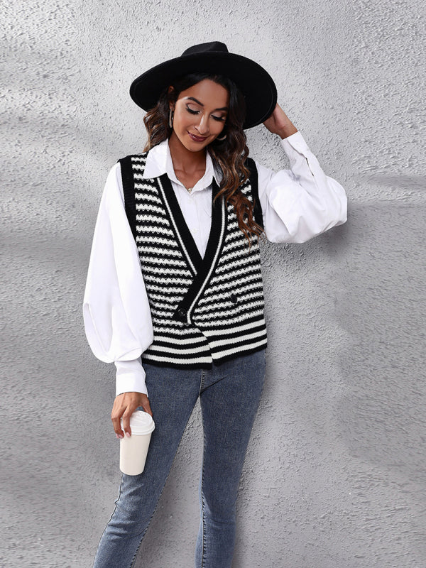 Women's stripe knitted Cardigan Sweater Vest