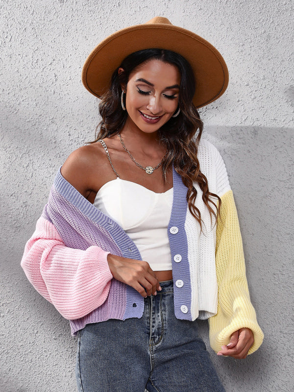 Women's contrast color knitted cardigan Color Matching short sweater