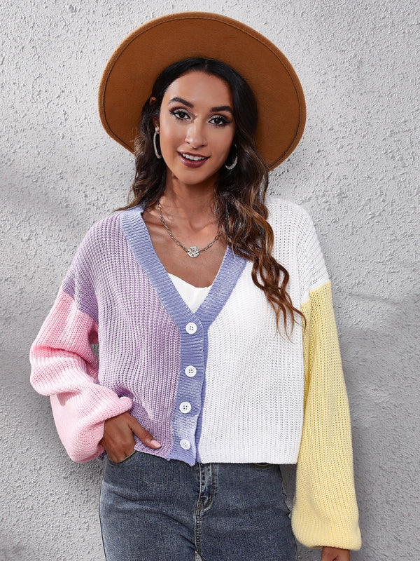 Women's contrast color knitted cardigan Color Matching short sweater