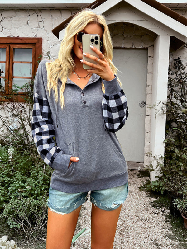 Women's Casual Plaid Panel Hooded Loose Top