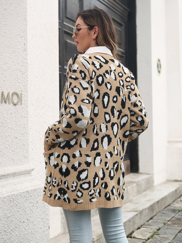 Women's leopard jacquard cardigan pocket long knitted sweater