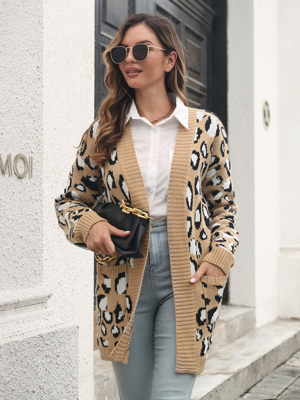 Women's leopard jacquard cardigan pocket long knitted sweater
