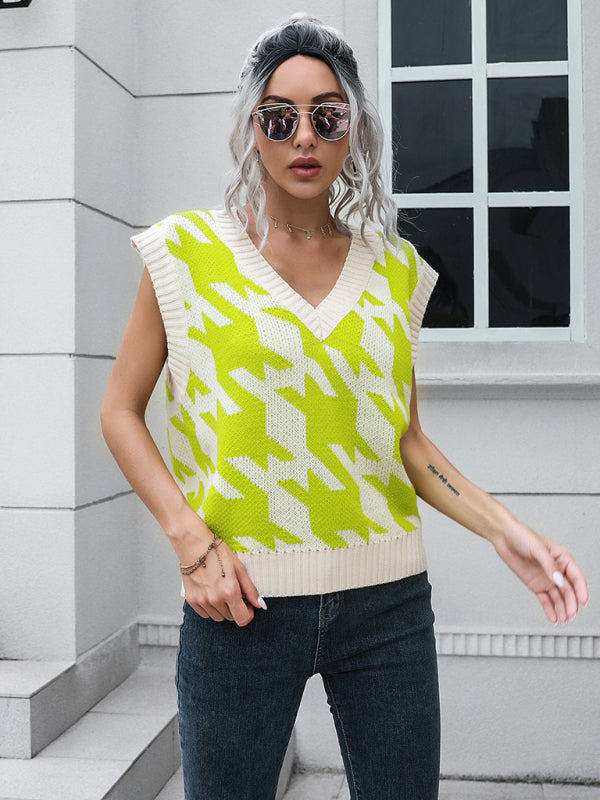 Women's thousand bird check V-neck vest sweater