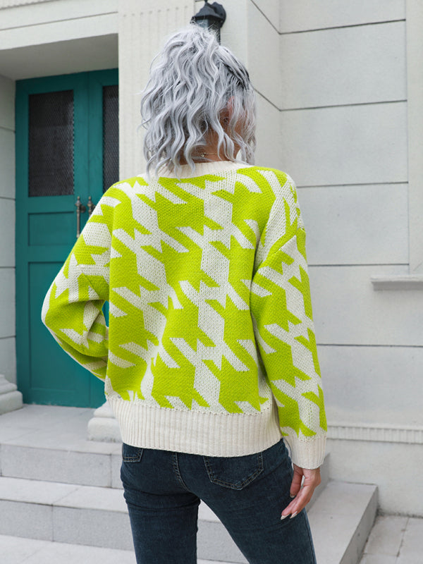 Women's thousand bird check breasted loose knit cardigan sweater
