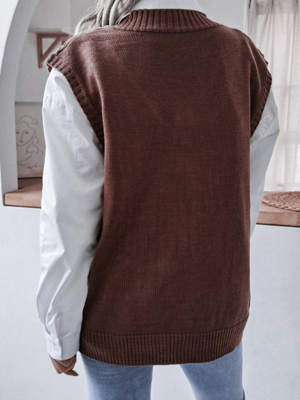 Women's V-neck fried dough twist casual loose knit vest sweater