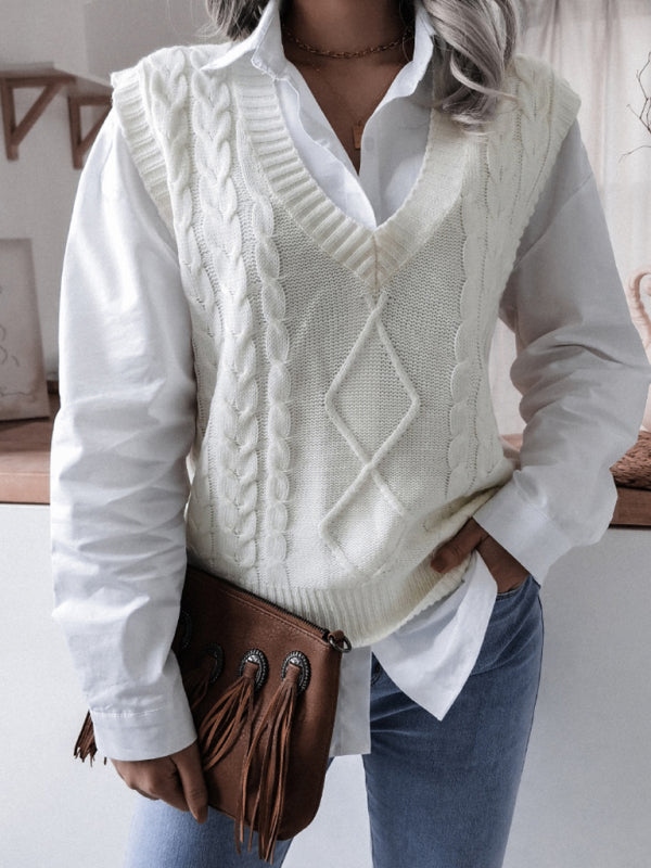 Women's V-neck fried dough twist casual loose knit vest sweater