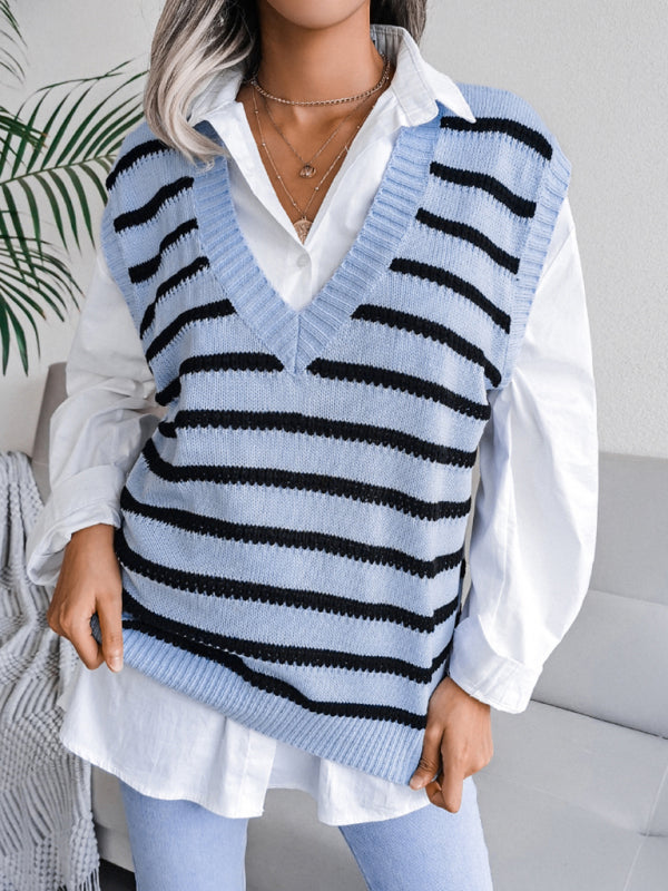 Women's V-neck stripe casual knitting vest sweater