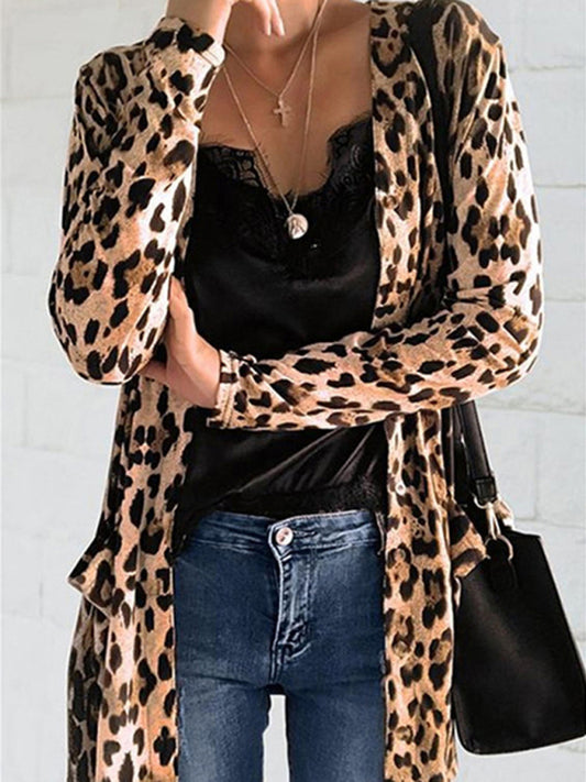 Women's Long Sleeve Leopard Print Cardigan Mid Length Coat