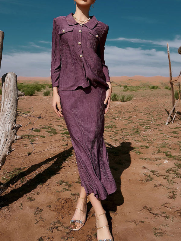 Two Piece Loose Ribbed Button Down Blouse And Maxi Skirt