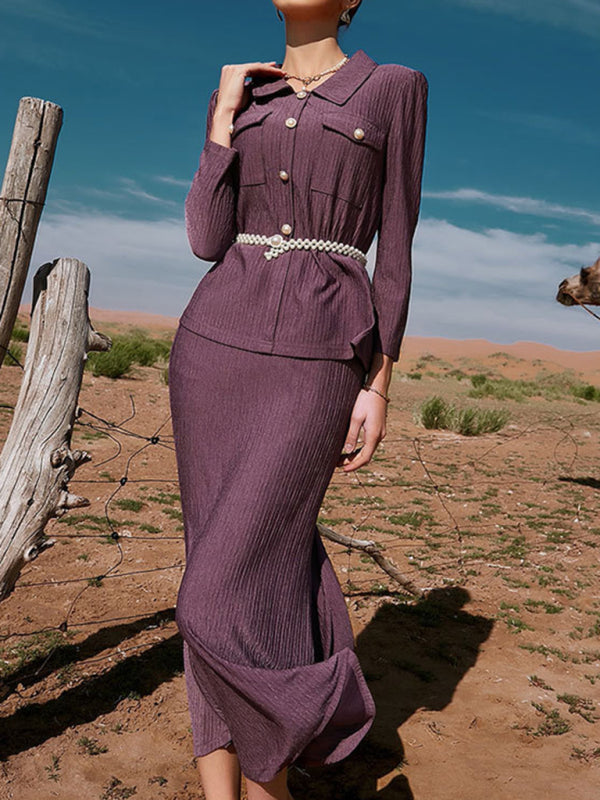 Two Piece Loose Ribbed Button Down Blouse And Maxi Skirt