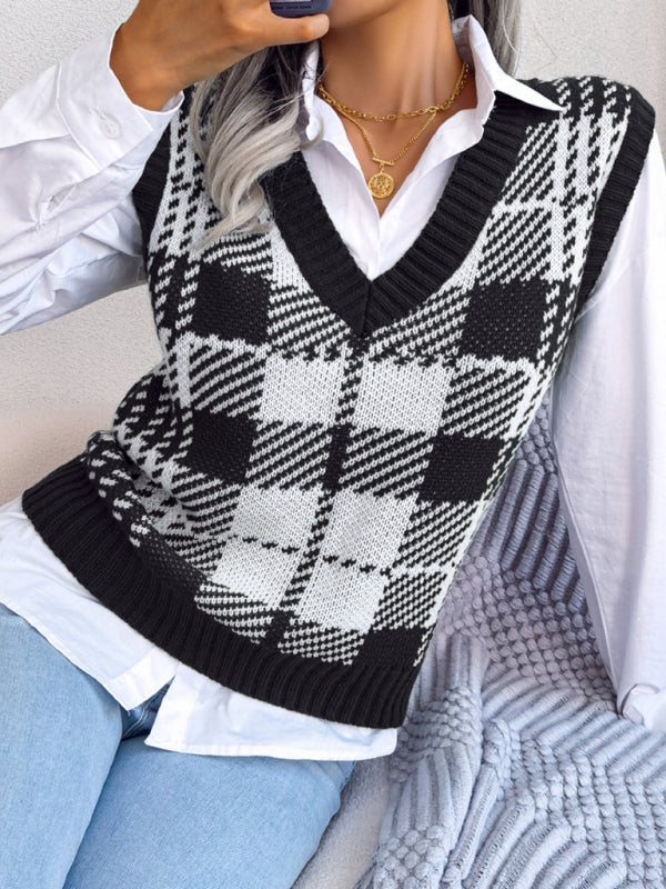 Women's casual contrast color Plaid knitted vest Sweater Vest