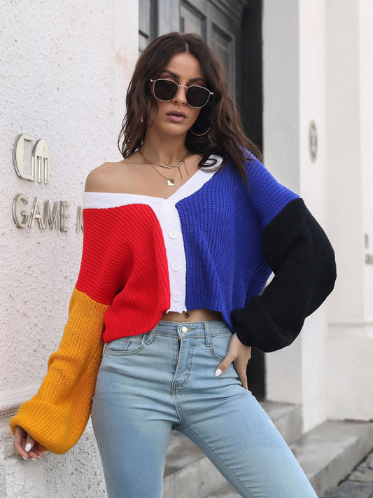 Cardigans - Colour Block Knit Contrast Sweater