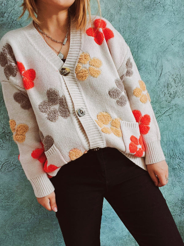 Cardigans - Textured Floral Button Up With Front Pockets