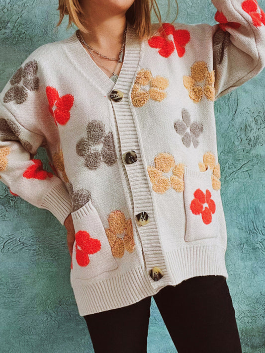 Cardigans - Textured Floral Button Up With Front Pockets
