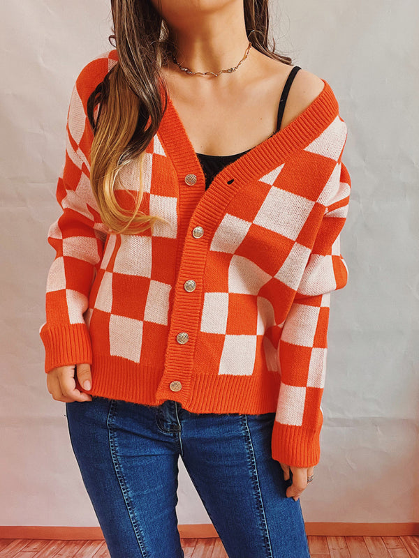 Cardigan Sweater - Plaid Knit Button Down With Ribbed Hem