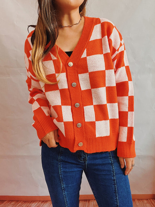 Cardigan Sweater - Plaid Knit Button Down With Ribbed Hem