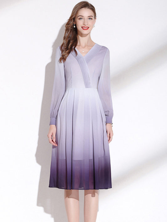Women’s Pleated V Neck Long Sleeve Midi Faux Wrap Silhouette Dress