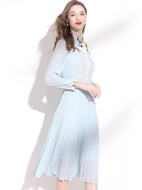 Women’s Lace Front Bow Neck Tie Slightly Puffed Long Sleeve Pleated Dress