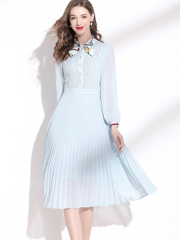 Women’s Lace Front Bow Neck Tie Slightly Puffed Long Sleeve Pleated Dress