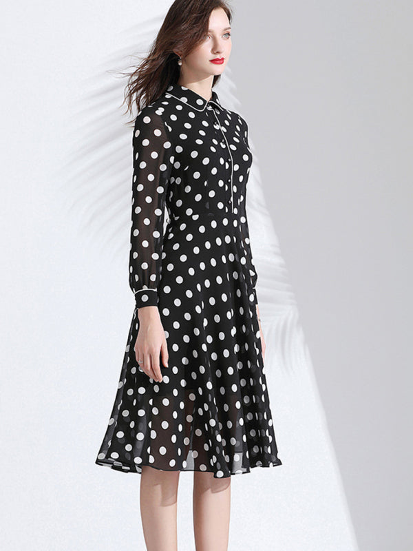 Women’s Classy Polka Dot Print Button Down Collared Cocktail Dress With Cuffed Sleeves