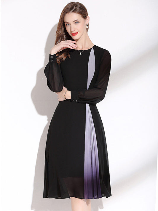 Women’s Fashionable Aline Dress With Sheer Sleeves And Vertical Contrast Strip