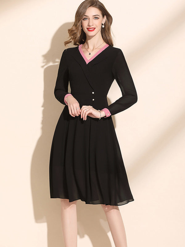Women’s Long Formal Collared V Neck Dress With Cuffed Sleeves