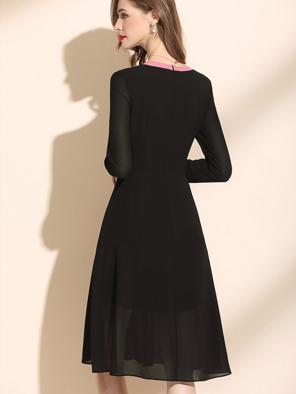 Women’s Long Formal Collared V Neck Dress With Cuffed Sleeves